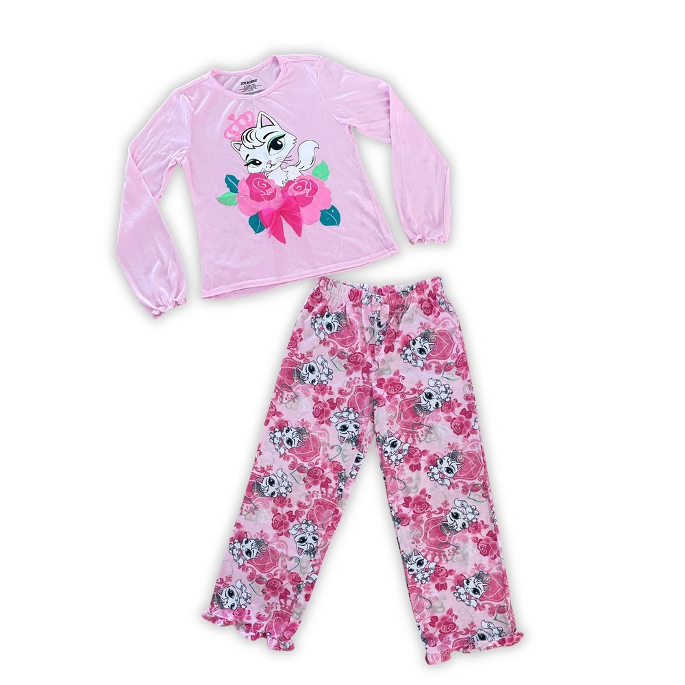 Pink 2-Pc Pajama Set with White Cat and Roses Long Sleeve Top & Pants L 10/12